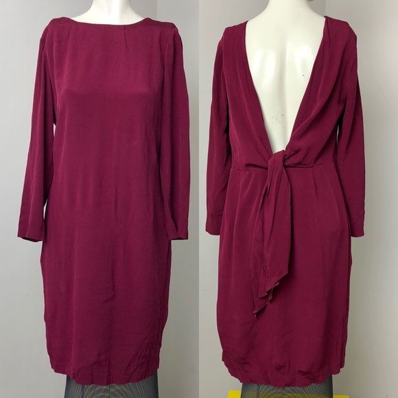 Massimo Dutti Red Burgundy Open Back Bow Crumpled Crepe Shift Dress Size 6 - Picture 2 of 14
